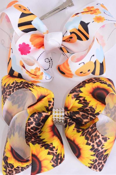 Hair Bow Jumbo Cute Honey Bee & Leopard Sunflower Mix Grosgrain Bow-tie / 12 pcs Bow = Dozen Alligator Clip , Size - 6" x 5" Wide , 6 Of each Pattern Asst , Clip Strip and UPC Code