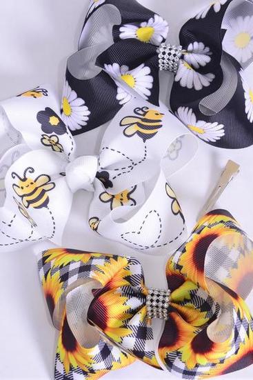 Hair Bow Jumbo Sunflower Honey Bee Daisy Flower Mix Grosgrain Bow-tie / 12 pcs Bow = Dozen Alligator Clip , Size - 6" x 5" Wide , 4 Of Each Pattern Asst , Clip Strip & UPC Code