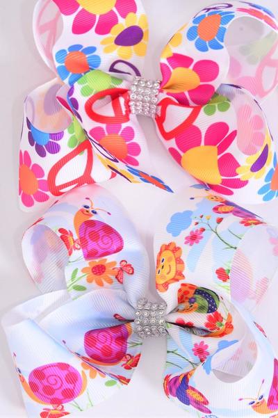 Hair Bow Jumbo Flower Power Peace Sign Mix Grosgrain Bow-tie / 12 pcs Bow = Dozen Alligator Clip , Size - 6" x 5" Wide , 6 Of each Pattern Asst , Clip Strip and UPC Code
