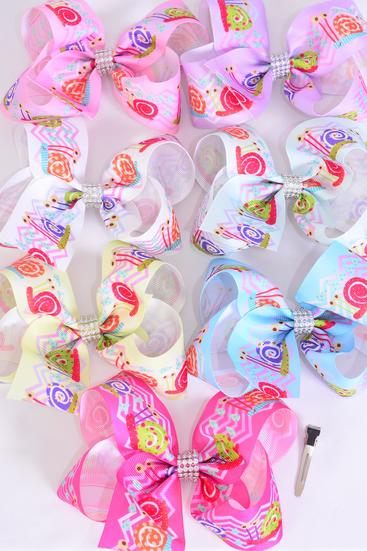 Hair Bow Jumbo Happy Snail Pastel Grosgrain Bow-tie / 12 pcs Bow = Dozen Alligator Clip , Size - 6" x 5" Wide , 2 White , 2 Yellow , 2 Blue , 2 Pink , 2 Lavender , 1 Hot Pink , 1 Mint Color Asst , Clip Strip and UPC Code