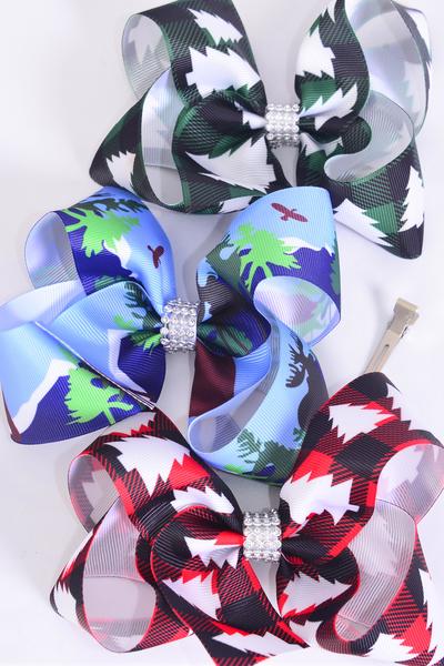 Hair Bow Jumbo Plaid Alpine Tree Wildlife Mix Grosgrain Bow-tie / 12 pcs Bow = Dozen Alligator Clip , Size - 6" x 5" Wide , 4 Of Each Pattern Asst , Clip Strip & UPC Code