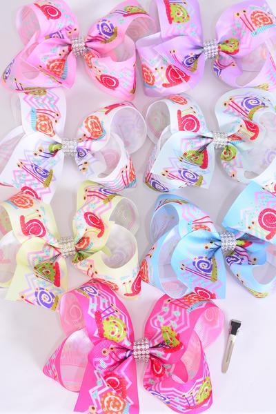 Hair Bow Jumbo Happy Snail Pastel Grosgrain Bow-tie / 12 pcs Bow = Dozen Alligator Clip , Size - 6" x 5" Wide , 2 White , 2 Yellow , 2 Blue , 2 Pink , 2 Lavender , 1 Hot Pink , 1 Mint Color Asst , Clip Strip and UPC Code
