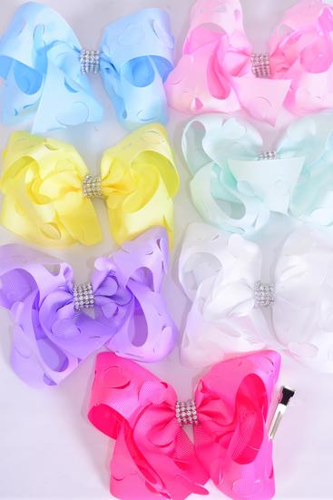 Hair Bow Jumbo Heart Grosgrain Bow-tie Pastel / 12 pcs Bow = Dozen  Alligator Clip , Size - 6" x 5" Wide , 2 White , 2 Pink , 1 Blue , 1 Yellow , 2 Lavender , 2 Hot Pink , 2 Mint Green Mix Asst , Clip Strip & UPC Code