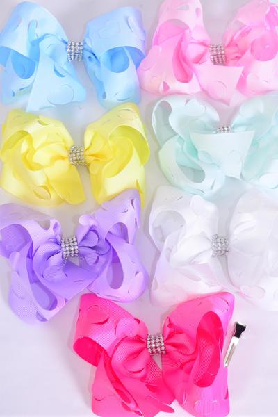Hair Bow Jumbo Heart Grosgrain Bow-tie Pastel / 12 pcs Bow = Dozen  Alligator Clip , Size - 6" x 5" Wide , 2 White , 2 Pink , 1 Blue , 1 Yellow , 2 Lavender , 2 Hot Pink , 2 Mint Green Mix Asst , Clip Strip & UPC Code