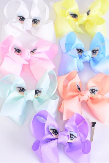 Hair Bow Jumbo Owl Grosgrain Bow-tie Pastel / 12 pcs Bow = Dozen Alligator Clip , Size - 6" x 5", 2 White , 2 Baby Pink , 2 Lavender , 2 Blue , 2 Yellow , 1 Peach , 1 Mint Green Asst , Clip Strip & UPC Code