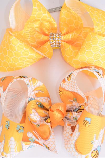 Hair Bow Jumbo Honey Bee Honeycomb Mix Grosgrain Bow-tie / 12 pcs Bow = Dozen Alligator Clip , Size - 6" x 5" Wide , 6 Of each Pattern Asst , Clip Strip & UPC Code