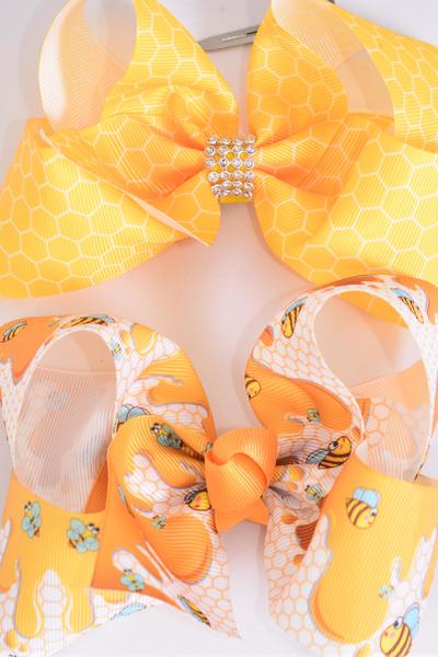 Hair Bow Jumbo Honey Bee & Honeycomb Mix Grosgrain Bow-tie / 12 pcs Bow = Dozen Alligator Clip , Size - 6" x 5" Wide , 6 Of each Pattern Asst , Clip Strip & UPC Code