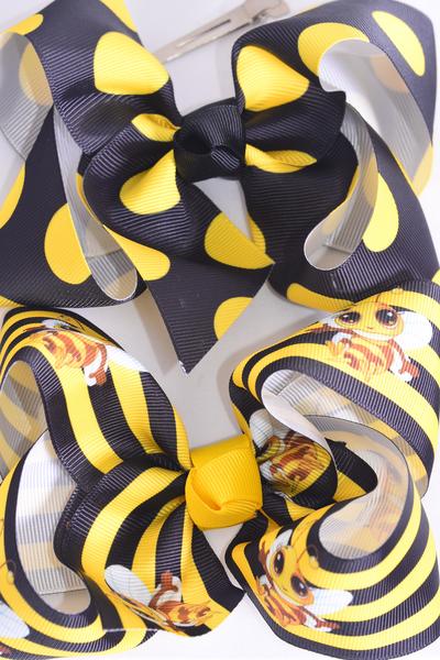 Hair Bow Jumbo Cute Honey Bee Polka dots Mix Grosgrain Bow-tie / 12 pcs Bow = Dozen Alligator Clip , Size - 6" x 5" Wide , 6 Of each Pattern Asst , Clip Strip & UPC Code