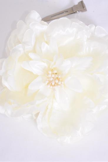 Flower Silk Flower Large Cream / 12 pcs Flower = Dozen Cream or Beige , Size - 5" Wide , Alligator Clip & Brooch , Display Card UPC Code , Clear Box