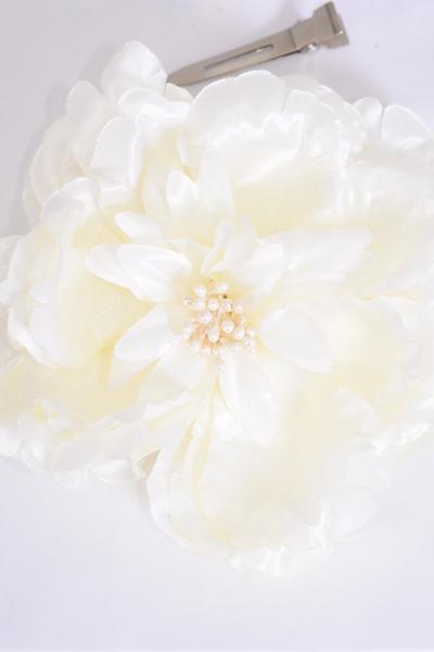 Flower Silk Flower Large Cream / 12 pcs Flower = Dozen Cream or Beige , Size - 5" Wide , Alligator Clip & Brooch , Display Card UPC Code , Clear Box