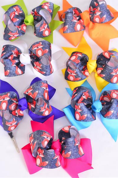 Hair Bow Jumbo Double Layered Red Fox Grosgrain Bow-tie / 12 pcs Bow = Dozen Alligator Clip , Size - 6" x 5", 2 Fuchsia , 2 Blue , 2 Yellow , 2 Purple , 2 White , 1 Lime , 1 Orange Color Mix , Clip Strip & UPC Code