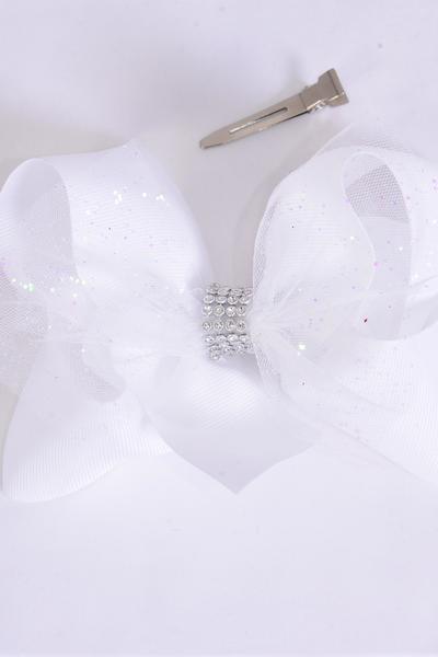 Hair Bow Jumbo Double Layered Mesh Iridescent Glitter Grosgrain Bow-tie White / 12 pcs Bow = Dozen Size-6"x 6" Wide , Alligator Clip , Clip Strip & UPC Code