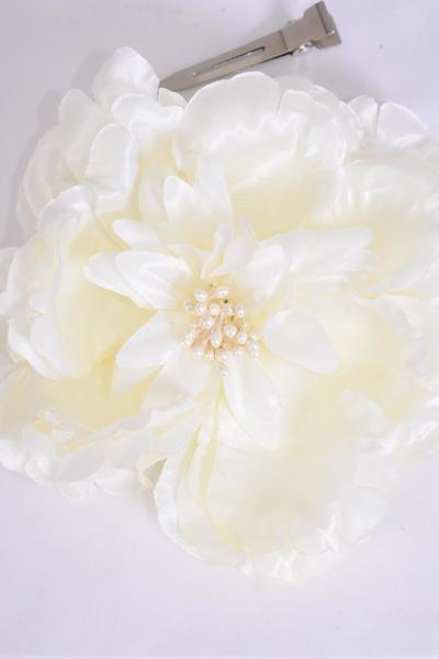 Flower Silk Flower Large Cream / 12 pcs Flower = Dozen Cream or Beige , Size - 5" Wide , Alligator Clip & Brooch , Display Card UPC Code , Clear Box