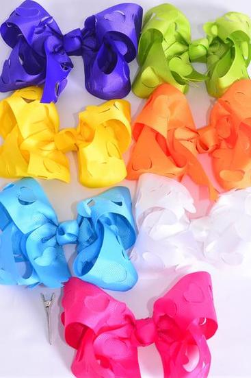 Hair Bow Jumbo Heart Grosgrain Bow-tie Citrus / 12 pcs Bow = Dozen  Alligator Clip , Size-6"x 5" Wide , 2 White , 2 Fuchsia , 2 Purple , 2 Yellow , 2 Blue , 1 Lime , 1 Orange Color Asst , Clip Strip & UPC Code
