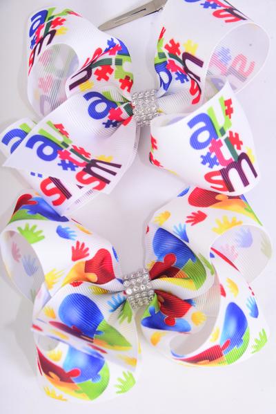 Hair Bow Jumbo Autism Grosgrain Bow-tie / 12 pcs Bow = Dozen  Alligator Clip , Size - 6" x 5" Wide , 6 Of each Pattern Asst , Clip Strip and UPC Code
