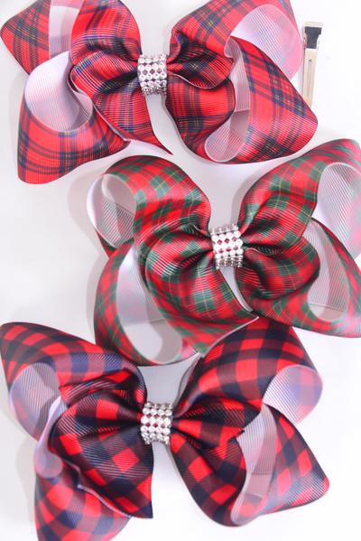Hair Bow Jumbo Plaid Grosgrain Bow-tie / 12 pcs Bow = Dozen Alligator Clip , Size - 6" x 5" Wide , 4 Of each Pattern Asst , Clip Strip and UPC Code