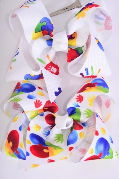 Hair Bow Jumbo Autism Grosgrain Bow-tie / 12 pcs Bow = Dozen  Alligator Clip , Size - 6" x 5" Wide , 6 Of each Pattern Asst , Clip Strip and UPC Code