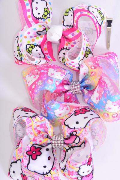 Hair Bow Jumbo Cute Kitty Mix Grosgrain Bow-tie /  12 pcs Bow = Dozen  Alligator Clip , Size - 6" x 5" Wide , 4 Of Each Pattern Asst , Clip Strip & UPC Code