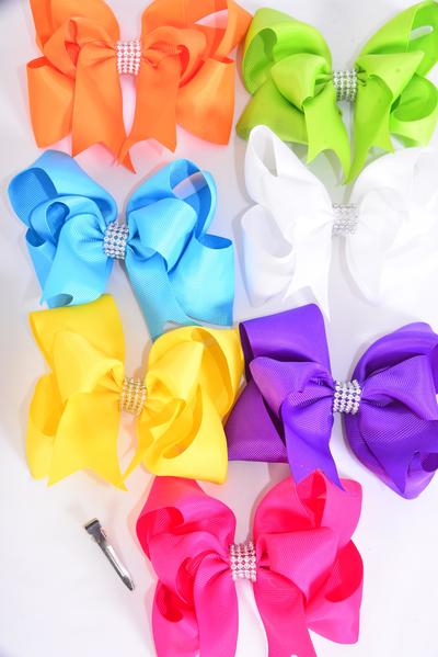 Hair Bow Jumbo Double Layered Center Clear Stones Grosgrain Bow-tie Citrus / 12 pcs Bow = Dozen Alligator Clip , Size - 6" x 5" Wide , 2 White , 2 Fuchsia , 2 Turquoise , 2 Purple , 2 Yellow , 1 Orange , 1 Lime Color Asst , Clip Strip & UPC Code
