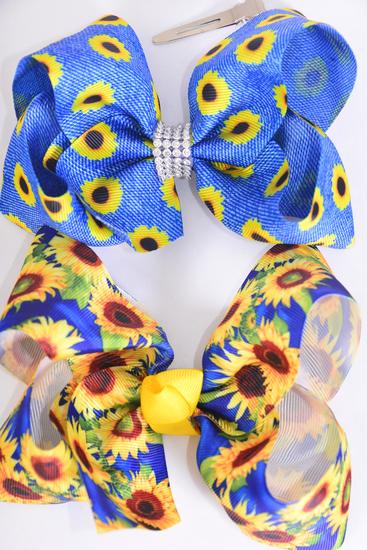 Hair Bow Jumbo Sunflower Grosgrain Bow-tie /  12 pcs Bow = Dozen Alligator Clip , Size - 6" x 5" Wide , 6 Of each Pattern Asst , Clip Strip & UPC Code
