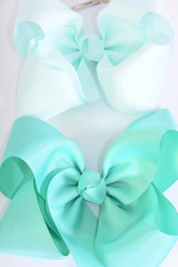 Hair Bow Jumbo Mint Green Mix Grosgrainc Bow-tie / 12 pcs Bow = Dozen  Alligator Clip , Size - 6" x 5" Wide , 6 Tropic , 6 Aqua Color Asst , Clip Strip & UPC Code