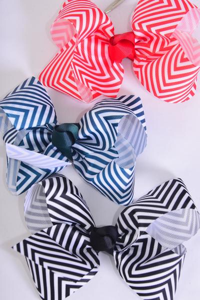 Hair Bow Jumbo Chevron Grosgrain Bow-tie Black Red Hunter Green Mix / 12 pcs Bow = Dozen Alligator Clip , Size - 6"x 5" Wide , 4 Black , 4 Red , 4 Hunter green Color Asst , Clip Strip & UPC Code