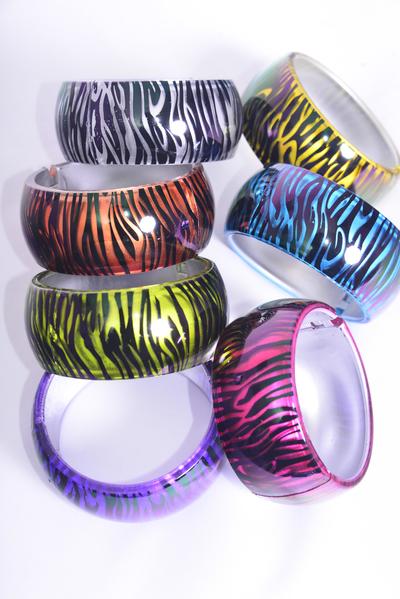 Bracelet Bangle Acrylic Hinge Cat-eye Zebra Print Multi /  12 pcs = Dozen Multi , Hinge , Size -2 .75" x 1.25" Dia Wide , 2 Silver , 2 Blue , 2 Purple , 2 Red , 2 Yellow ,1 Lime ,1 Orange Mix , Hang Tag & OPP Bag & UPC Code