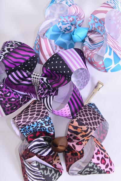 Hair Bow Jumbo Animal Pattern Mix Grosgrain Bow-tie /  12 pcs Bow = Dozen  Alligator Clip , Size - 6" x 5" Wide , 4 Of Each Pattern Asst , Clip Strip and UPC Code