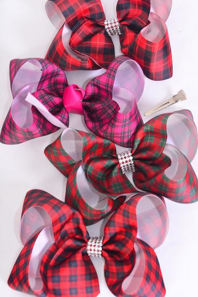 Hair Bow Jumbo Plaid Grosgrain Bow-tie / 12 pcs Bow = Dozen Alligator Clip , Size - 6" x 5" Wide , 3 of each Pattern Asst , Clip Strip and UPC Code