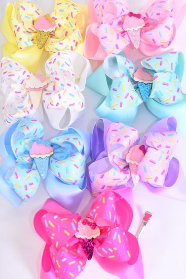 Hair Bow Jumbo Double Layered Jimmies Sprinkles Ice Cream Charm Grosgrain Bow-tie /  12 pcs Bow = Dozen Alligator Clip , Size- 6" x 5", 2 White , 2 Baby Pink , 2 Lavender , 2 Hot Pink , 2 Mint Green , 1 Blue , 1 Yellow Color Asst , Clip Strip & UPC Code