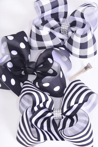 Hair Bow Jumbo Plaid Polka dots Stripe Mix Grosgrain Bow-tie Black Mix / 12 pcs Bow = Dozen Alligator Clip , Bow - 6" x 5" Wide , 4 of each Pattern Asst , Clip Strip & UPC Code