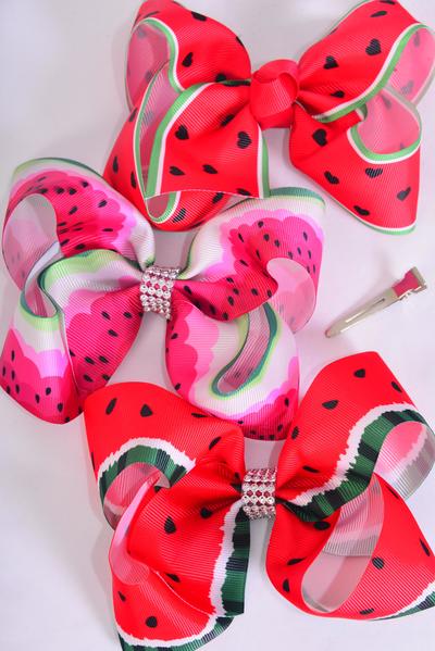Hair Bow Jumbo Watermelon Grosgrain Bow-tie / 12 pcs Bow = Dozen  Alligator Clip , Size - 6" x 5" Wide , 4 Of Each Pattern Asst , Clip Strip & UPC Code