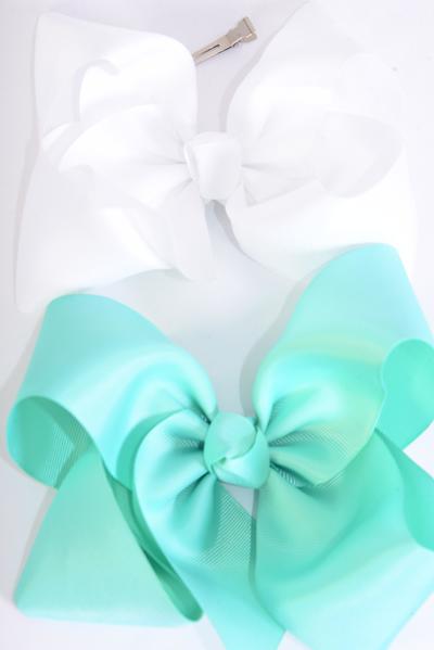 Hair Bow Extra Jumbo Cheer Type Bow Tropic & White Mix Grosgrain Bow-tie / 12 pcs Bow = Dozen Size-8"x 7" Wide , Alligator Clip , 6 Tropic , 6 White Color Asst , Clip Strip & UPC Code