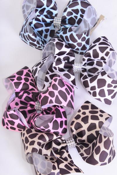 Hair Bow Jumbo Giraffe Pattern Mix Grosgrain Bow-tie / 12 pcs Bow = Dozen  Alligator Clip , Size - 6" x 5" Wide , 3 of each Color Asst , Clip Strip & UPC Code