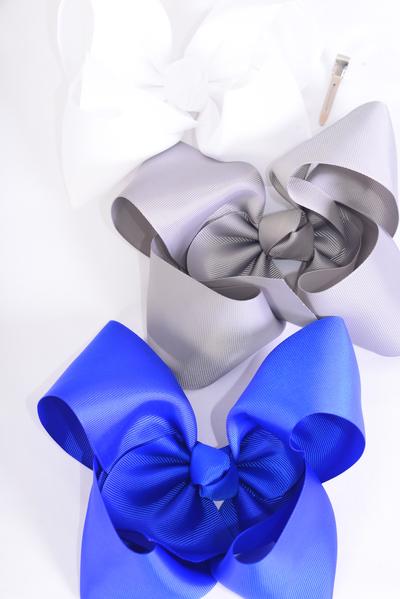 Hair Bow Jumbo Gray White Royal Blue Mix Grosgrain Fabric Bow-tie / 12 pcs = Dozen Alligator Clip , Size - 6" x 5" Wide , 4 Whute , 4 Gray  , 4 Royal Blue Color Asst , Clip Strip & UPC Code