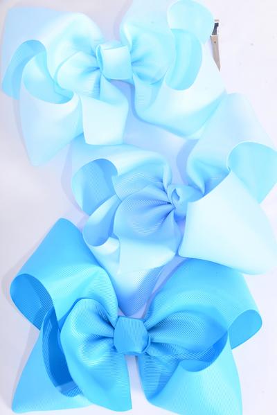 Hair Bow Jumbo Blue Mix Grosgrain Bow-tie / 12 pcs Bow = Dozen   Alligator Clip , Size- 6"x 5", Clip Strip & UPC Code , Choose Colors 