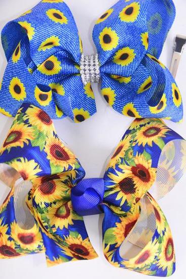 Hair Bow Jumbo Sunflower Grosgrain Bow-tie /  12 pcs Bow = Dozen Alligator Clip , Size - 6" x 5" Wide , 6 Of each Pattern Asst , Clip Strip & UPC Code