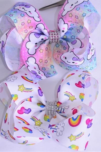 Hair Bow Jumbo Cute Happy Cloud and Rainbow Stars Grosgrain Bow-tie / 12 pcs Bow = Dozen Alligator Clip , Size - 6" x 5" Wide , 6 of each Pattern Asst , Clip Strip and UPC Code