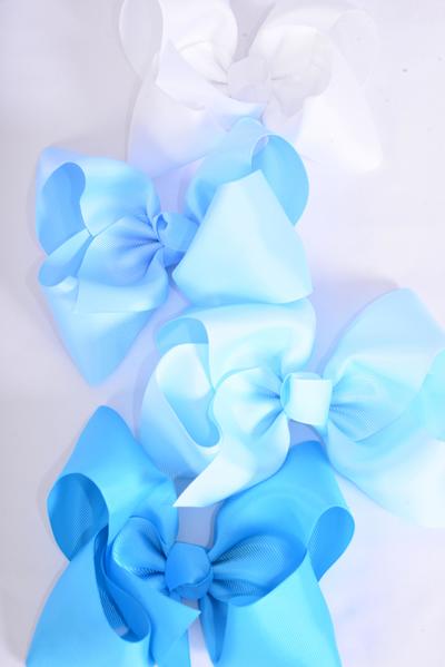 Hair Bow Jumbo Blue Mix Alligator Clip Grosgrain Bow-tie / 12 pcs Bow = Dozen  Blue Mix , Size - 6" x 5", Alligator Clip , 3 Turquoise , 3 Sky Blue , 3 Baby Blue , 3 White Color Asst , Clip Strip & UPC Code