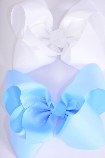Hair Bow Jumbo Sky Blue White Mix Grosgrain Bow-tie / 12 pcs Bow = Dozen Alligator Clip , Size - 6" x 5" Wide , 6 Sky Blue , 6 White Color Asst , Clip Strip & UPC Code