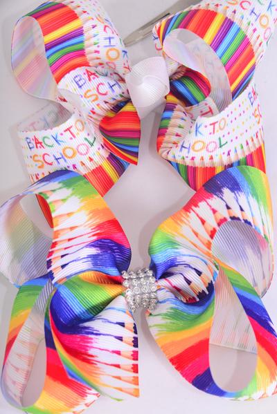 Hair Bow Jumbo Back to School Color Pencil Grosgrain Bow-tie / 12 pcs Bow = Dozen  Alligator Clip , Size - 6" x 5" Wide , 6 Of Each Pattern Asst , Clip Strip & UPC Code