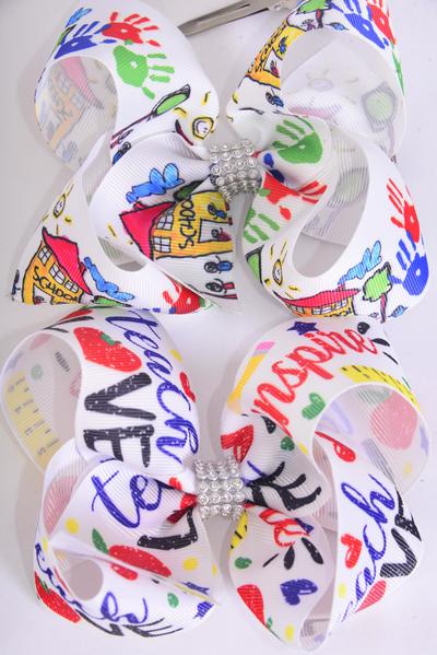 Hair Bow Jumbo Back to School Etc Grosgrain Bow-tie / 12 pcs Bow = Dozen  Alligator Clip , Size - 6" x 5" Wide , 6 of each Pattern , Clip Strip & UPC Code