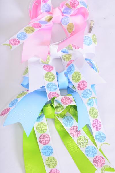 Hair Bow Long Tail Lollipop Double Layered Grosgrain Bow-tie / 12 pcs Bow = Dozen  Alligator Clip , Bow - 6.5" x 6" Wide , 3 Pink , 3 White , 3 Blue , 3 Lime Green Color Asst , Clip Strip & UPC Code