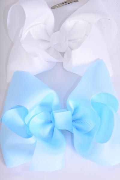 Hair Bow Jumbo Baby Blue White Mix Grosgrain Bow-tie / 12 pcs = Dozen  Alligator Clip , Size - 6" x 5" Wide , 6 Baby Blue , 6 White Color Asst , Clip Strip & UPC Code