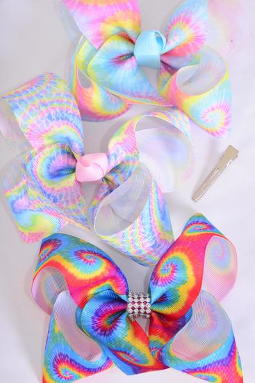 Hair Bow Jumbo Tiedye Gradient Grosgrain Bow-tie / 12 pcs = Dozen   Alligator Clip , Size - 6" x 5" Wide , 4 Of Each Pattern Asst , Clip Strip and UPC Code