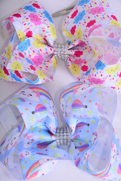 Hair Bow Jumbo Happy Cloud Rainbow Hot AirBalloon Mix Grosgrain Bow-tie / 12 pcs = Dozen Alligator Clip , Size - 6" x 5" Wide , 6 of each Pattern Asst , Clip Strip & UPC Code