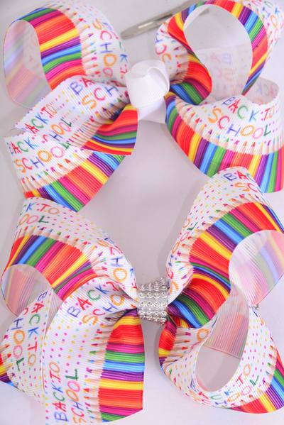 Hair Bow Jumbo Color Pencil Back to school Grosgrain Bow-tie / 12 pcs Bow = Dozen  Alligator Clip , Size-6"x 5" Wide , 6 of each Pattern Asst , Clip Strip & UPC Code