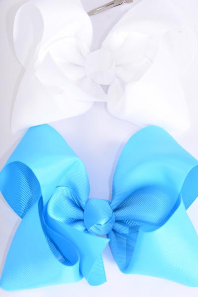 Hair Bow Jumbo Turquoise & White Mix Grosgrain Bow-tie / 12 pcs Bow = Dozen Alligator Clip , Size-6"x 5" Wide , 6 of each Color Asst , Clip Strip & UPC Code