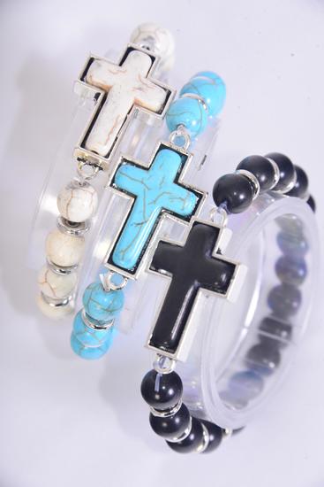 Bracelet Sideway Cross 10 mm Semiprecious Stone Stretch / 12 pcs = Dozen  match 03454 75023 Stretch , Cross - 1.5" x 1" Wide , 4 Black , 4 Ivory , 4 Turquoise Asst , Hang Tag & OPP Bag & UPC Code