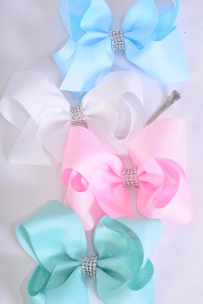 Hair Bow Jumbo Center Clear Stones Ocean Breeze Grosgrain Bow-tie / 12 pcs Bow = Dozen Ocean Breeze , Alligator Clip , Size - 6" x 5" Wide , 3 White , 3 Baby Pink , 3 Baby Blue , 3 Mint Green Color Asst , Clip Strip and UPC Code